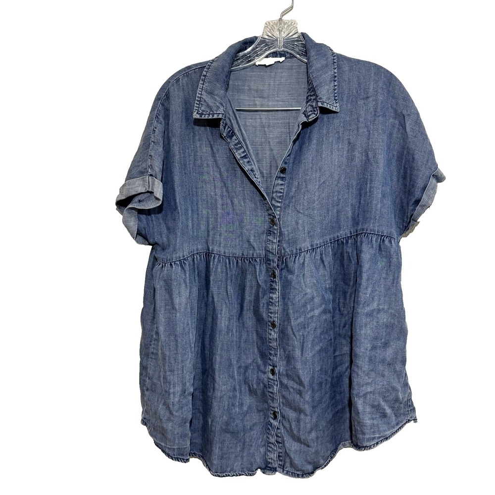 Easel Womens Small Blue Tencel Short Sleeve Babydoll Button Up Tunic Blouse